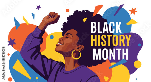 Black History Month poster showing a confident Black woman with festive shapes, modern flat vector celebrating empowerment, pride, and African heritage