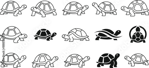 Tortoise and Turtle Outline Icon Illustration Set Featuring Walking Poses, Side Views, and Silhouette Styles for Logos, Apps, Coloring Pages, and Vector Design