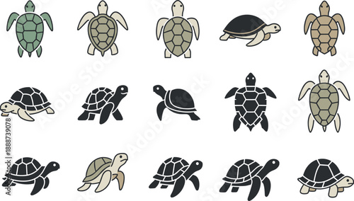 Sea Turtle Icon Illustration Set Featuring Top and Side Views in Outline, Filled, and Flat Styles for Logos, Apps, Education, and Vector Design