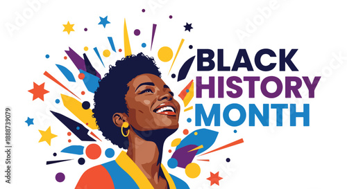 Black History Month poster showing a confident Black woman with festive shapes, modern flat vector celebrating empowerment, pride, and African heritage