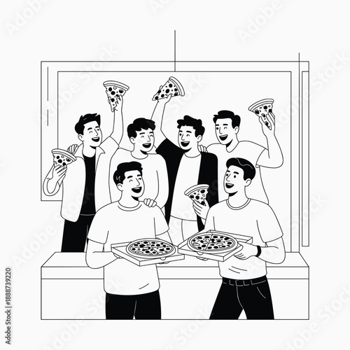 Friends Celebrating with Pizza Together Fun Social Gathering Black and White Line Art Vector Illustration