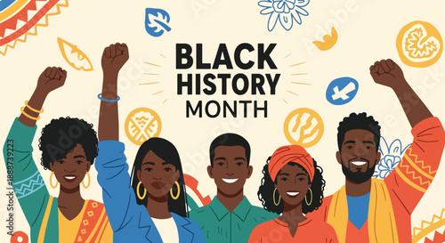 Black History Month poster with raised fists and smiling faces, modern flat vector celebrating Black culture, joy, pride, and collective empowerment