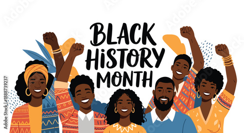 Black History Month poster with raised fists and smiling faces, modern flat vector celebrating Black culture, joy, pride, and collective empowerment