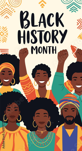 Black History Month poster with raised fists and smiling faces, modern flat vector celebrating Black culture, joy, pride, and collective empowerment
