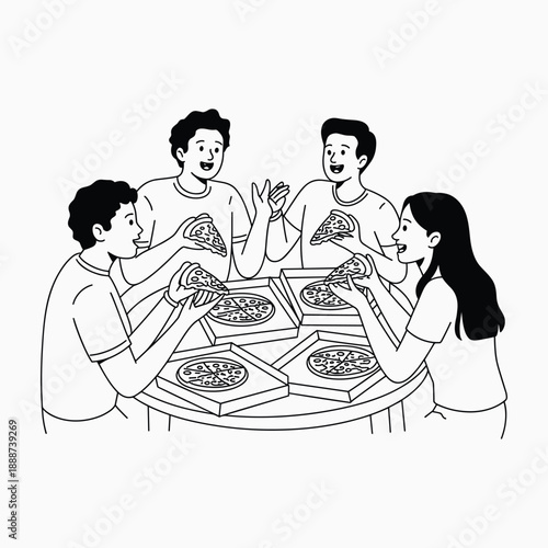 Friends Sitting Around Table Enjoying Pizza Together Casual Gathering Black and White Line Art Vector Illustration