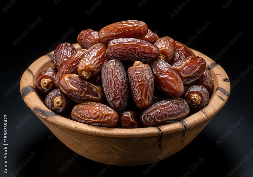 Obraz premium Abundant sweet dried fruits fill a textured wooden bowl against a dark background