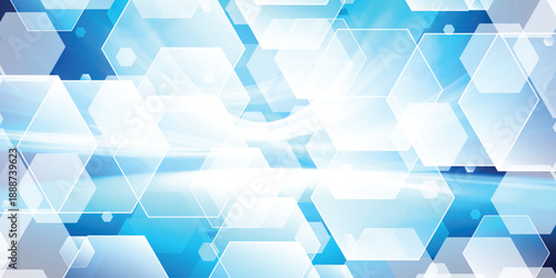 Blue Hexagonal Medical Background with Soft Light and Bokeh Particles. Minimalistic abstract background with hexagonal lines pattern.