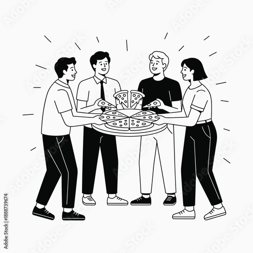 Friends Sharing Pizza Around Table Enjoying Togetherness Black and White Line Art Vector Illustration