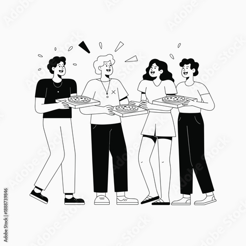 Friends Sharing Pizza Together Casual Hangout and Friendship Moment Black and White Line Art Vector Illustration
