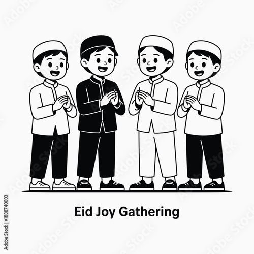 Eid Joy Gathering with Muslim Boys Smiling Together Black and White Line Art Vector Illustration