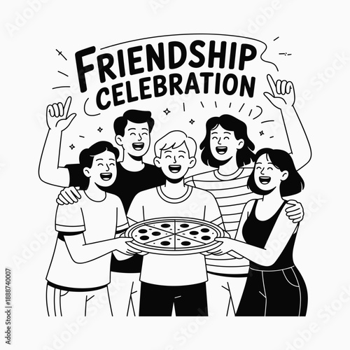 Friendship Celebration with Happy Friends Sharing Food and Smiling Black and White Line Art Vector Illustration