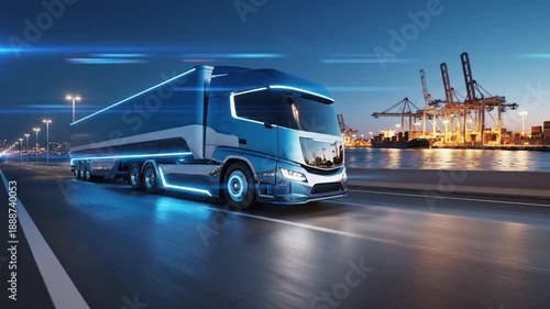 Modern Truck on the Road: A futuristic truck cruises along a highway, illuminated with sleek lighting. A dynamic transportation concept. 
