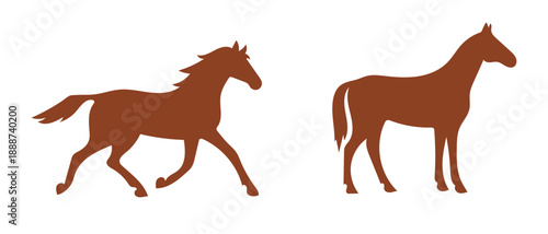Two brown horse silhouettes, one running and one standing, majestic animal illustrations
