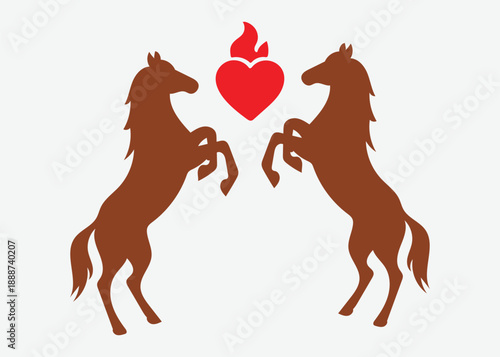 Two brown horses rearing up with red heart and flame symbol