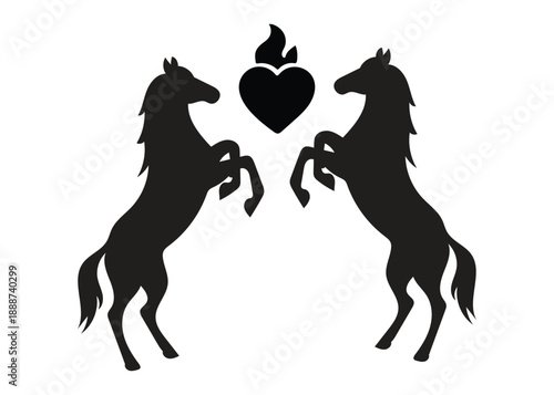Silhouette of two rearing horses with flaming heart icon on transparent background