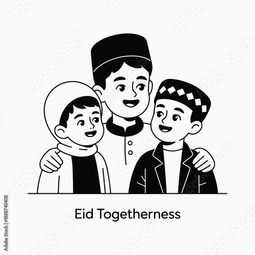 Eid Togetherness with Muslim Boys Smiling and Embracing Black and White Line Art Vector Illustration