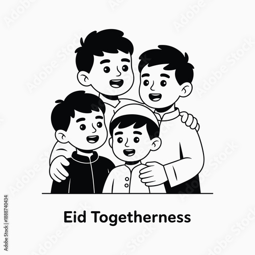 Eid Togetherness with Happy Muslim Children Hugging Black and White Line Art Vector Illustration