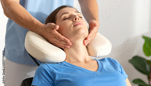 Woman enjoying professional neck and shoulder massage while sitting on a relaxation chair in spa.