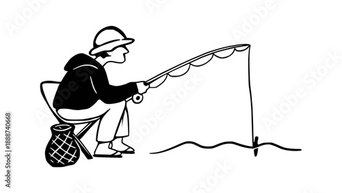 Fisherman Sitting and Fishing Silhouette Vector Illustration