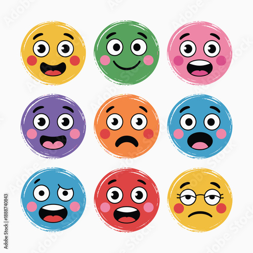 Colorful Emoji Faces Set with Mixed Emotions and Facial Expressions Cartoon Vector Illustration