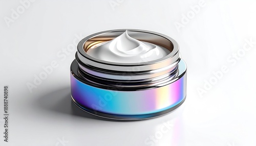 Jar of white cosmetic cream with iridescent holographic label on white background