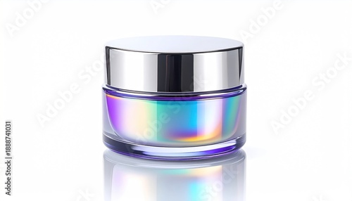 Sleek glass jar with a metallic lid, reflecting rainbow light, set against a white background