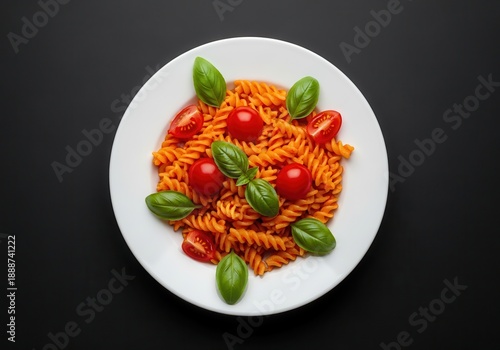 Wallpaper Mural Cooked spiral pasta with fresh tomatoes and basil leaves presented on a white plate against a dark background Torontodigital.ca