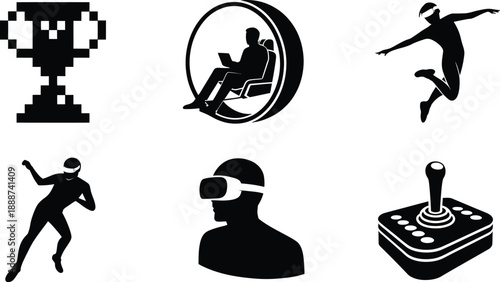 Silhouettes of gamers and gaming equipment in black and white