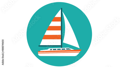 Simple graphic icon depicting a modern sailboat with orange stripes inside a teal circle