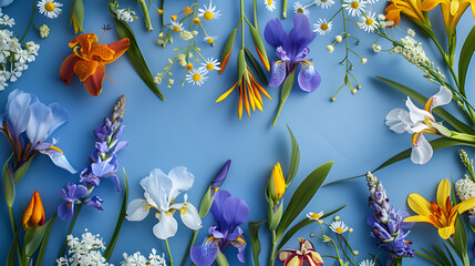 Colorful Floral Frame on Blue Background