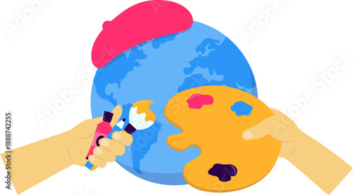 World art day illustration. Art and creativity stuff, paint, artist, brush, canvas, color palette for poster, flyer, card, web banner. Vector isolated.