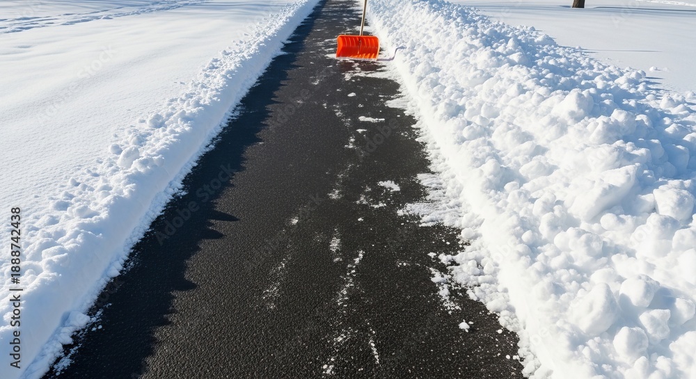 Fototapeta premium A perfectly cleared path after diligent snow shoveling, representing a crucial winter maintenance routine concept on a bright sunny day