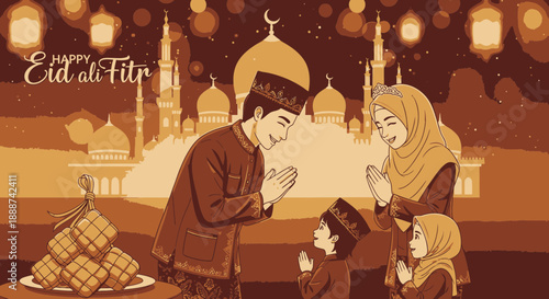 Family Praying Together during Eid al-Fitr Celebrations with Plants and Lanterns