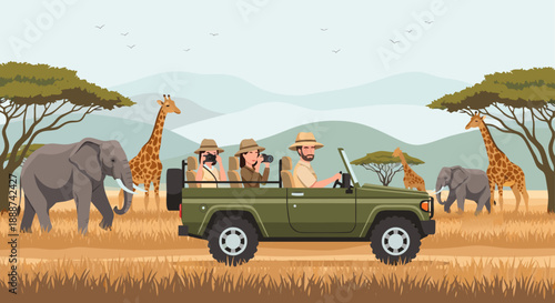 A detailed vector illustration of a safari jeep with tourists observing elephants and giraffes in their natural habitat
