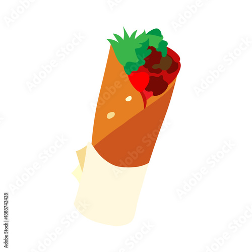 A vibrant graphic illustration of a delicious, freshly prepared wrap filled with savory meat and crisp vegetables, an ideal choice for a quick meal, street food, or takeaway