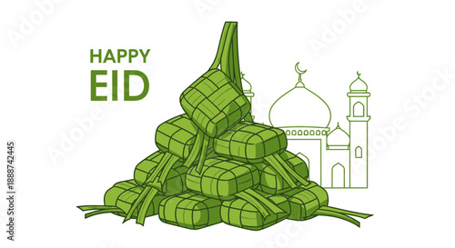 Celebratory Eid Scene with Ketupat and Mosque Illustration
