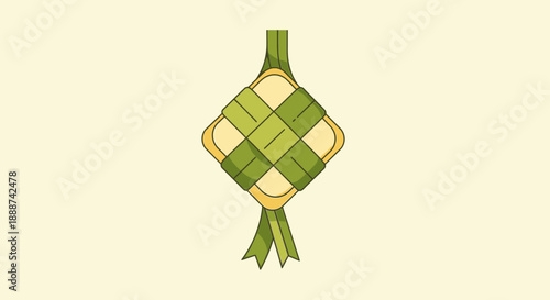 Ketupat illustration featuring green woven food, traditional snack, festive cuisine, cultural heritage, and Food styling