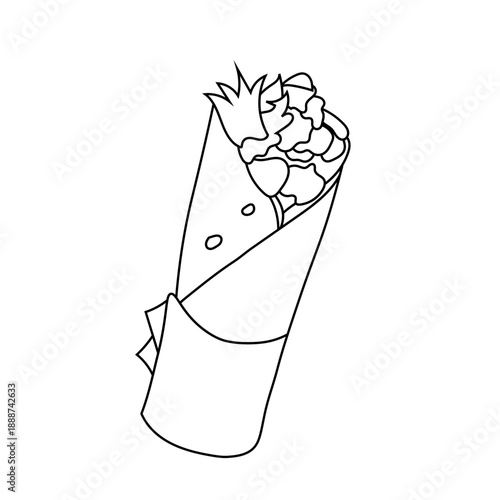 Stylized line art illustration of a delicious and savory wrapped food item, perfect for a quick meal or snack, depicting a traditional kebab or modern burrito