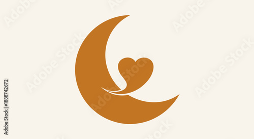 Heart cradled in a crescent moon, symbolizing love and celestial harmony in a serene night sky illustration