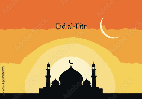 Silhouette of mosque with Eid al-Fitr text at sunset with crescent moon via RJ ImageFX