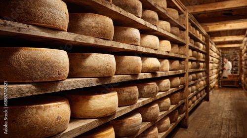 Cheese Aging Process in a Rustic Storage Room Filled With Wheels of Cheese in Various Stages of Maturation