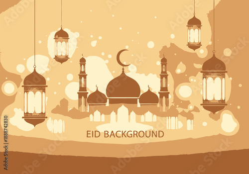 Illustration of Eid celebration with mosque, lanterns, and crescent moon in a festive atmosphere via imagefx