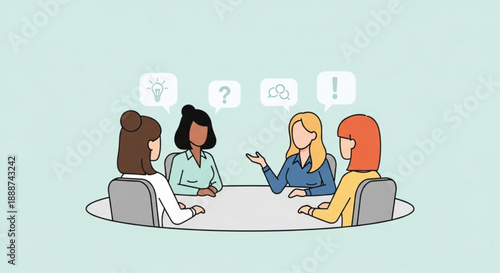 Four women sitting at a table discussing ideas in a meeting with thought bubbles