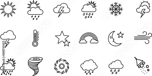 Weather Forecast Icons Set with Sun, Clouds, Rain and Snow, and Storm Symbols