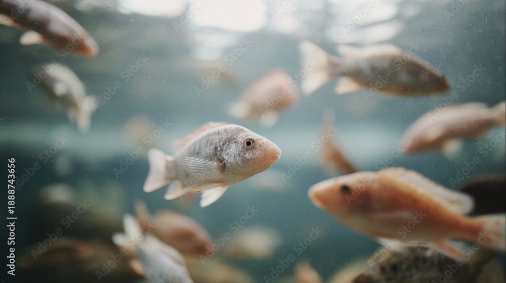 Obraz premium Close-up of a group of fish swimming in an aquarium. the fish are of different sizes and colors, with some being silver and others being orange.