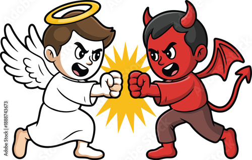 Cute Angel vs Devil Cartoon Illustration Set Good and Evil Comic Clash