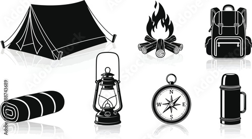 Camping Gear Icons Set with Tent, Backpack, Lantern and Compass, Thermos and Sleeping Bag on White Background