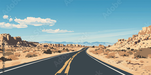 An empty asphalt highway winding through a desert landscape toward distant mountains under a clear blue sky on a travel journey across the American valley