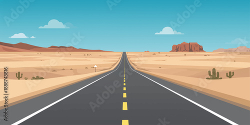 An empty asphalt highway stretches toward the horizon through the vast desert landscape of Death Valley, Nevada, creating a scenic journey toward the mountains under a clear summer sky