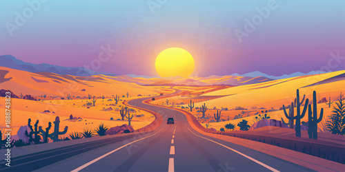 An empty asphalt highway winds through a rural mountain valley toward the horizon under a golden sunset sky, creating a scenic nature landscape for a travel journey with nobody in sight